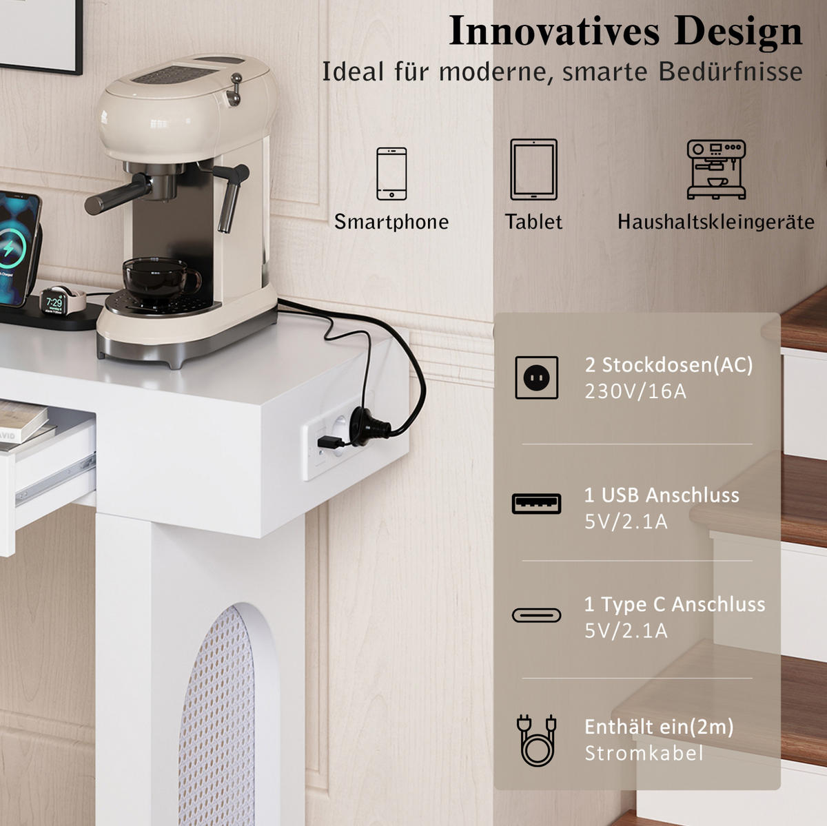 KONZOLOVÝ stolek z MDF 120x35,5x76,5 cm bílý se 2 zásuvkami, USB, Type-C a nastavitelnými nožkami - bílá, kompozitní dřevo (35.5/120/76.5cm) - Modfu