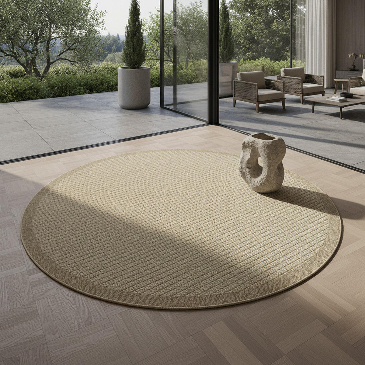 TEPPICH Outdoor Flachgewebe Uni-Farbe Polypropylen Balkon Beige Rund 120x120 - Beige, Textil (120/120cm) - KADIMA DESIGN