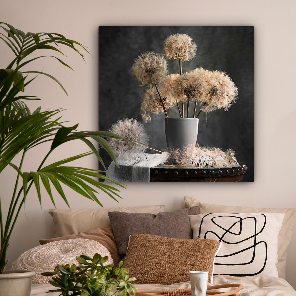LEINWANDBILD Blumensamen - Löwenzahn - Vase - Stilleben - Blumenstrauß Deko Groß 90x90 cm - Dunkelgrau, Textil (90/90cm) - MuchoWow