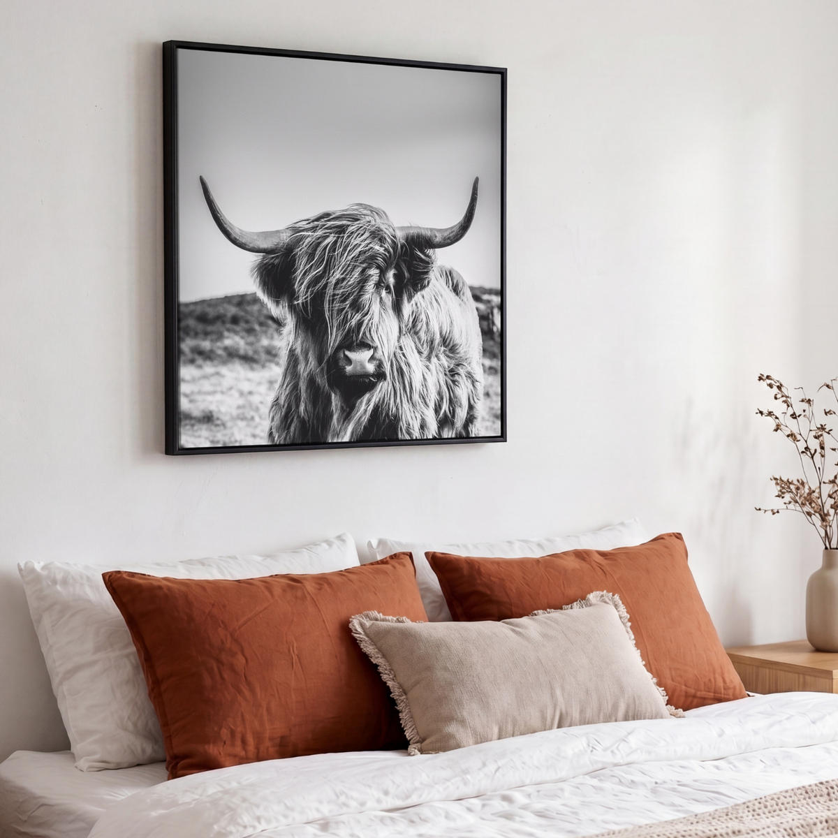 LEINWAND Bilder mit Rahmen - Kuh - Schottischer Hochländer - Schwarz - Weiß - Tier - Natur - Wildtiere - 50x50 - Schwarz, Textil (50/50cm) - MuchoWow