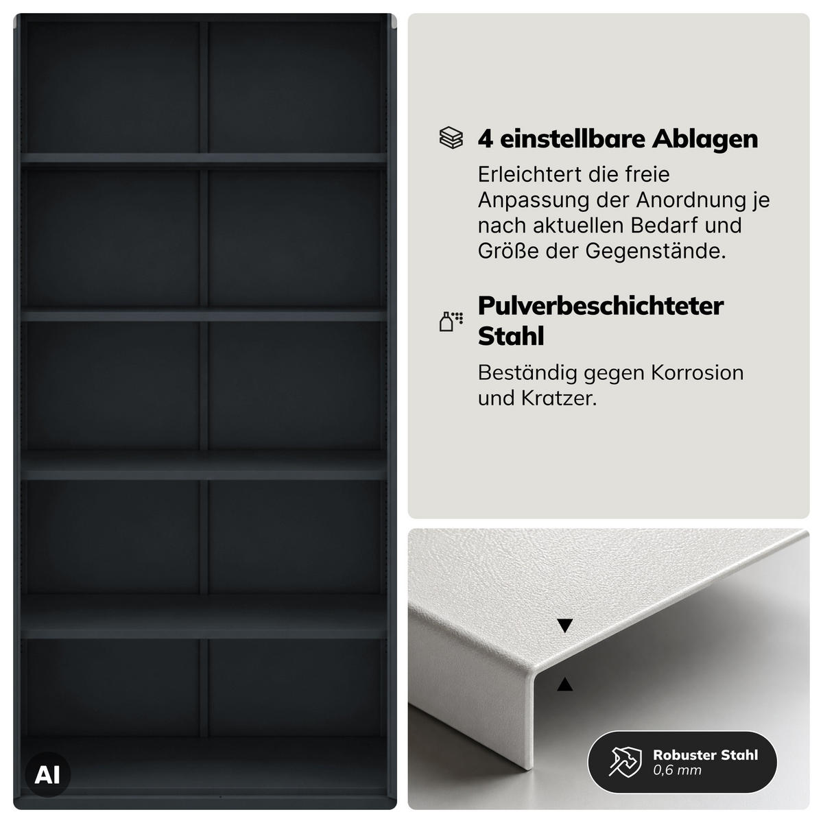 VITRINENSCHRANK Amelia 185x90x40 cm - Anthrazit, Metall (90/185/40cm) - Jan Nowak