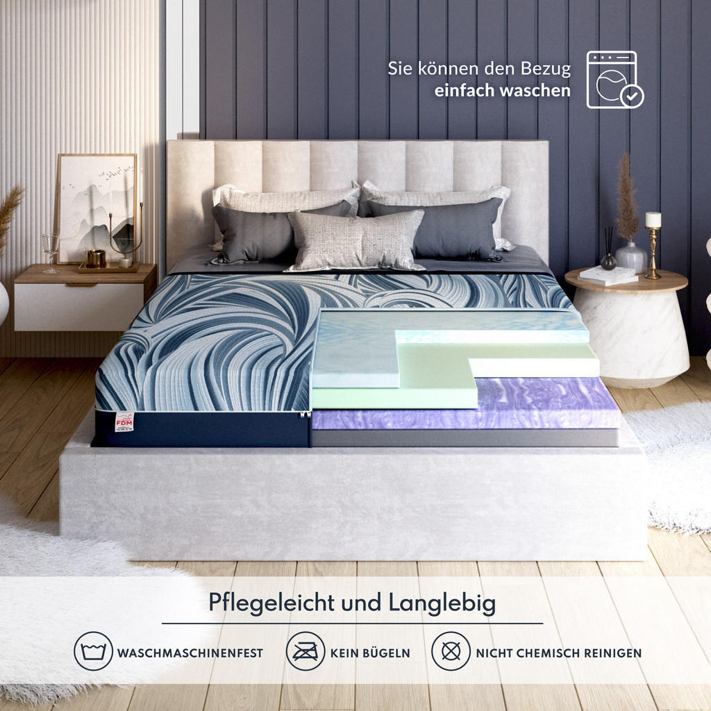 Thumbnail - FDM Kaltschaummatratze, Blau, Dunkelblau, Textil, H3, Füllung: Kaltschaum, Rechteckig, 90x200 cm, Oeko-Tex® Standard 100...