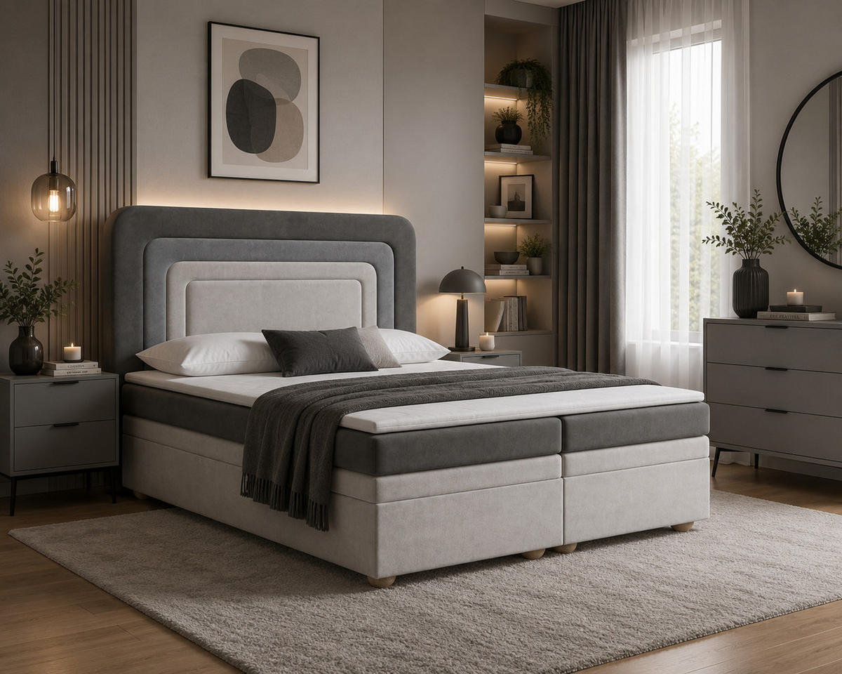 BOXBETT - Bett 10 NEST - Riviera - 140x200 cm - Modernes Polsterbett mit Bettkasten - Grau, Holz (140/200cm) - ROYAL24_MARKT