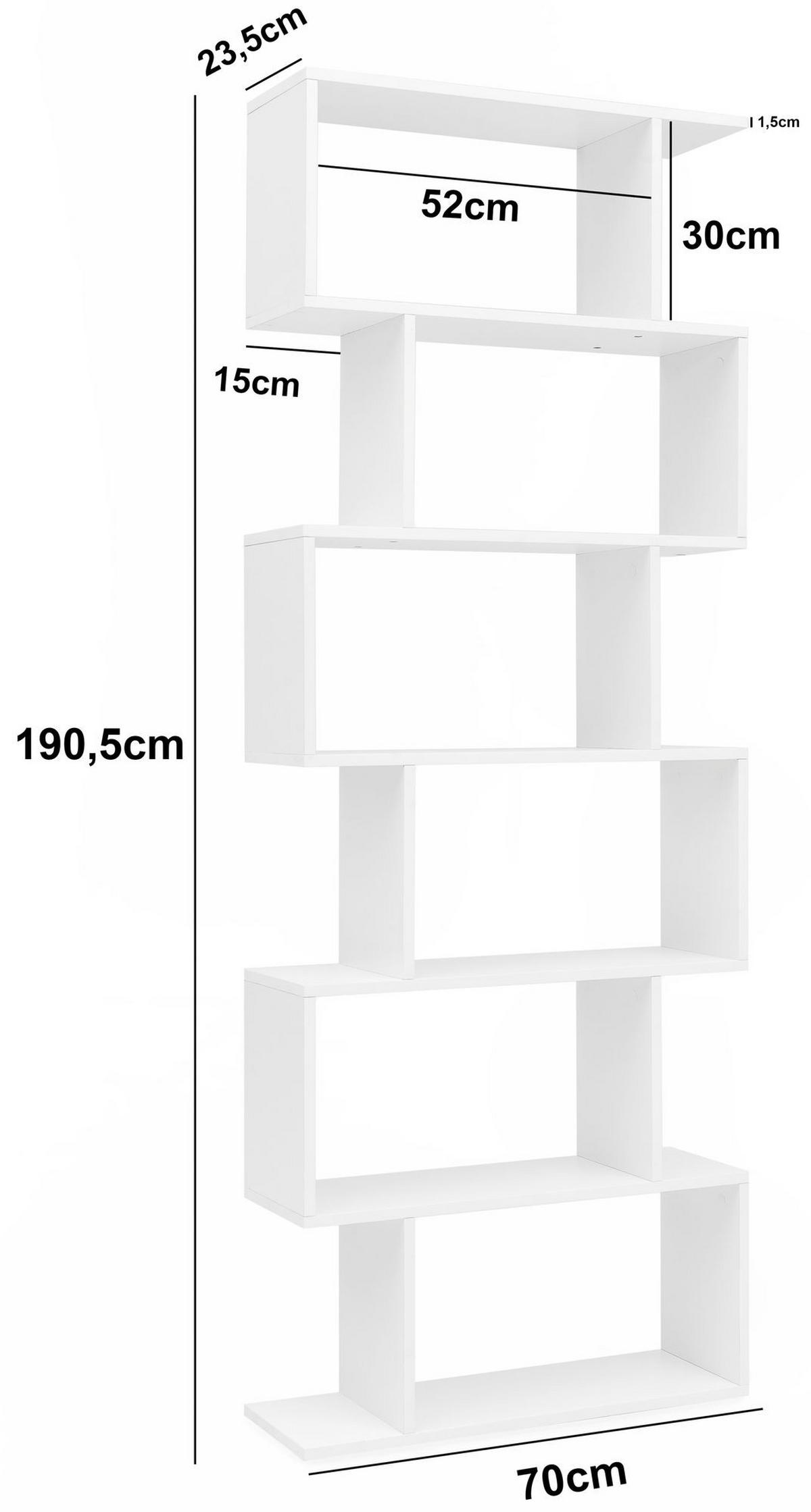 BÜCHERREGAL – Zickzack, Mattweiß, 6 Fächer, Anti-Rutsch-Noppen - Weiß, Holz (70/191/24cm) - KADIMA DESIGN