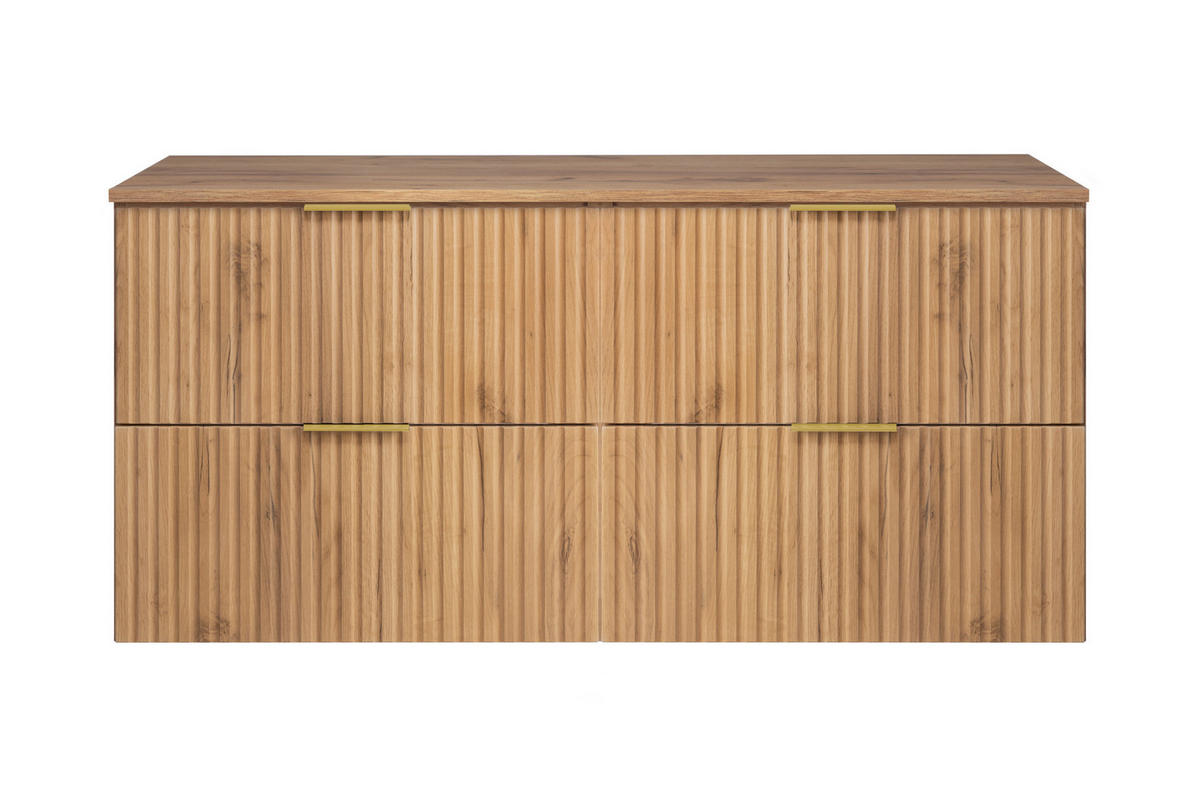 WASCHBECKUNTERSCHRANK, Eiche Craft, 120 (2 x 60) x 57 x 46 cm, goldener Griff+ Arbeitsplatte - Eichefarben/Goldfarben, Holzwerkstoff (120/57/46cm) - 3XE LIVING