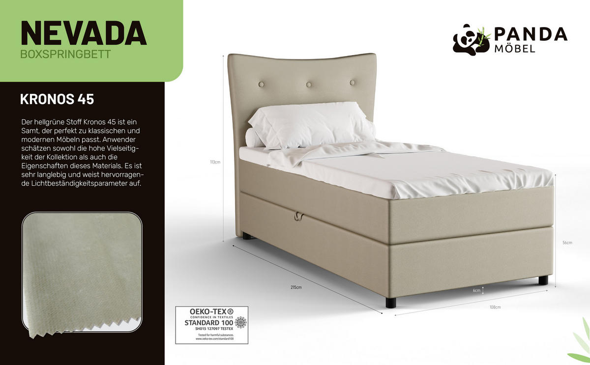 BOXBETT Nevada 100x200 cm Polsterbett mit hochwertiger Bonell-Matratze und Topper - ecru - Ecru, Holz (100/200cm) - Panda Möbel