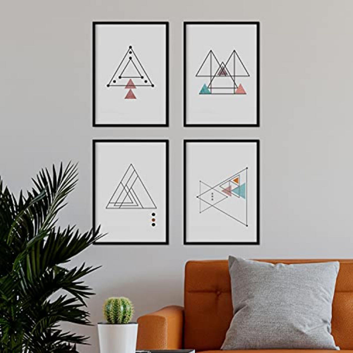 POSTER Set mit 4 dünne Linien Nordischen Dreiecke geometrische Blätter in Rot und Blau A4 Schwarzer Rahmen - Schwarz, Papier (29.7/3cm) - Nacnic