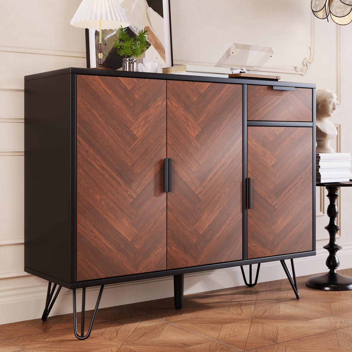 SIDEBOARD 90/30/71,5 cm in Schwarz und Holzoptik mit 3 Türen und Schublade - Naturfarben, Holzwerkstoff (90/71.5/30cm) - Flora Grace