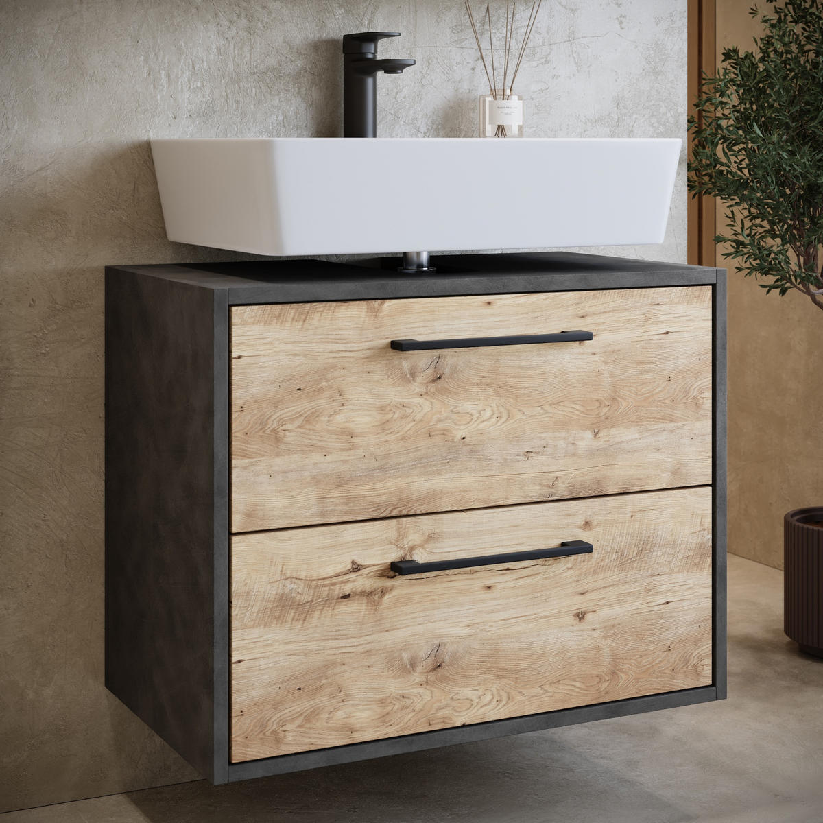 WASCHBECKENUNTERSCHRANK Florence 2 Schubladen Kastanien Eiche / Grau - 60 x 35 x 47 cm - Eichefarben/Grau, Holz (60/47/35cm) - Badplaats