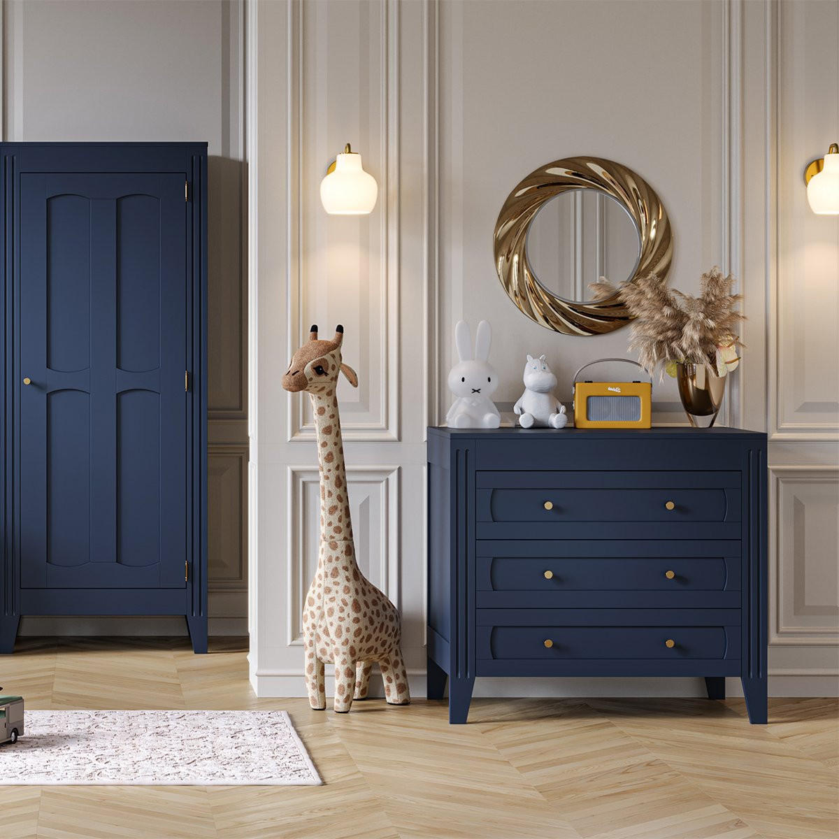 KOMMODE mit 3 Schubladen und Zierleisten L100 x H92cm - Milenne - Blau, Holzwerkstoff (55/91.8/100.2cm) - Calicosy