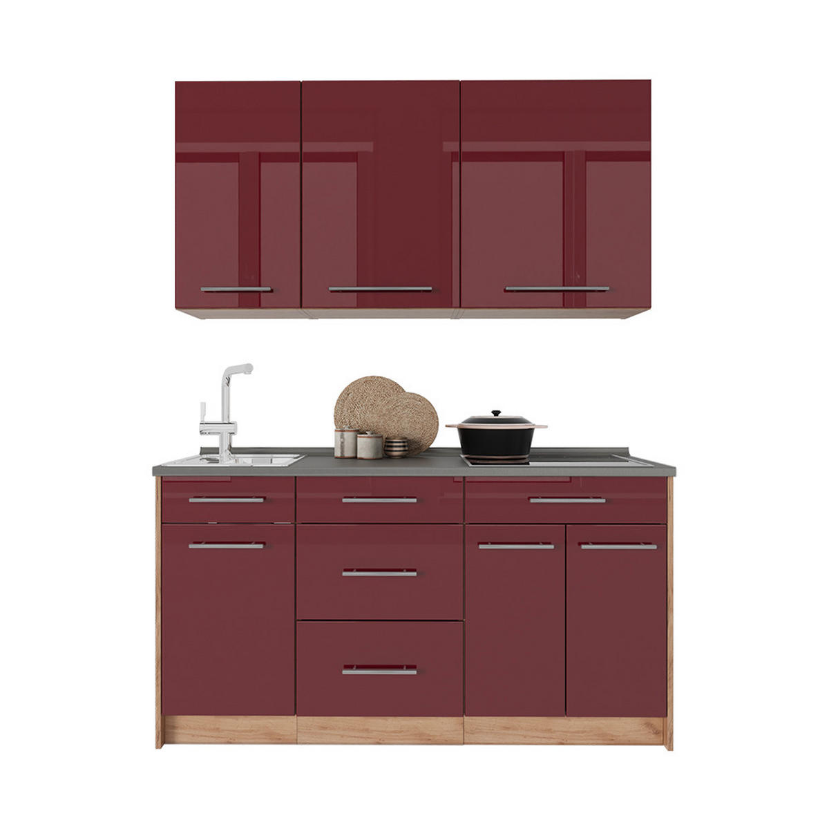 SAMOSTATNÁ KUCHYŇA Fame-Line, Bordeaux vysoký lesk/Dub Goldkraft, 150 cm, AP Oak - bordová/dub medový, kompozitné drevo (150/82/60cm) - Vicco