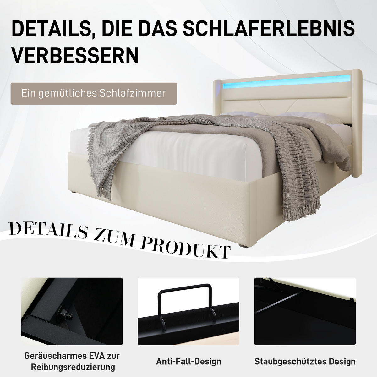 POLSTERBETT Weiß 140 x 200 cm mit LED-Beleuchtungsleiste und hydraulischem Stauraum - Weiß, Leder/Holz (140/200cm) - SONNENH