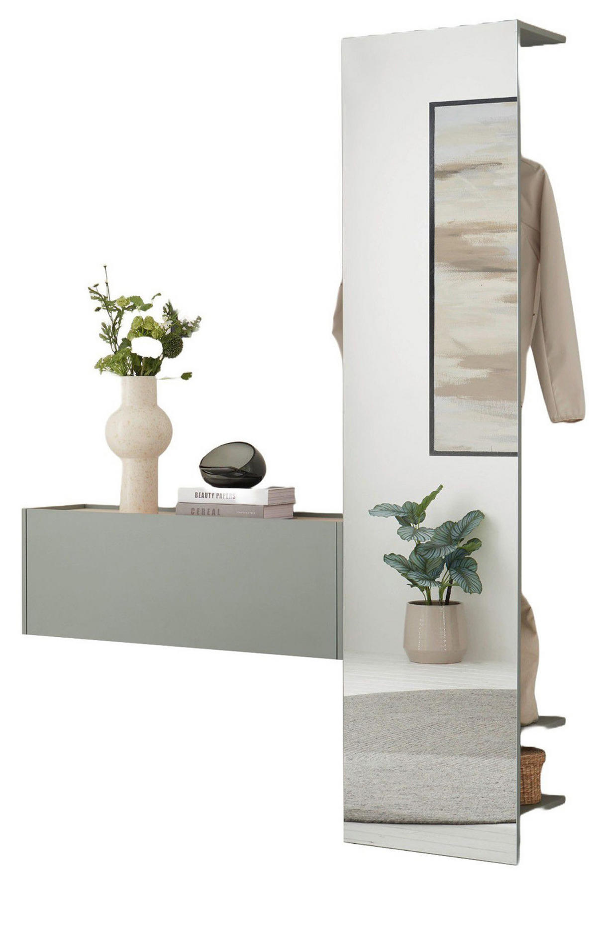 GARDEROBE in Salbei Grün mit Eiche, Kompaktgarderobe Set 2-teilig 150 x 200 cm - Salbeigrün/Eichefarben, Glas/Holz (150/200/30cm) - Furn.Design