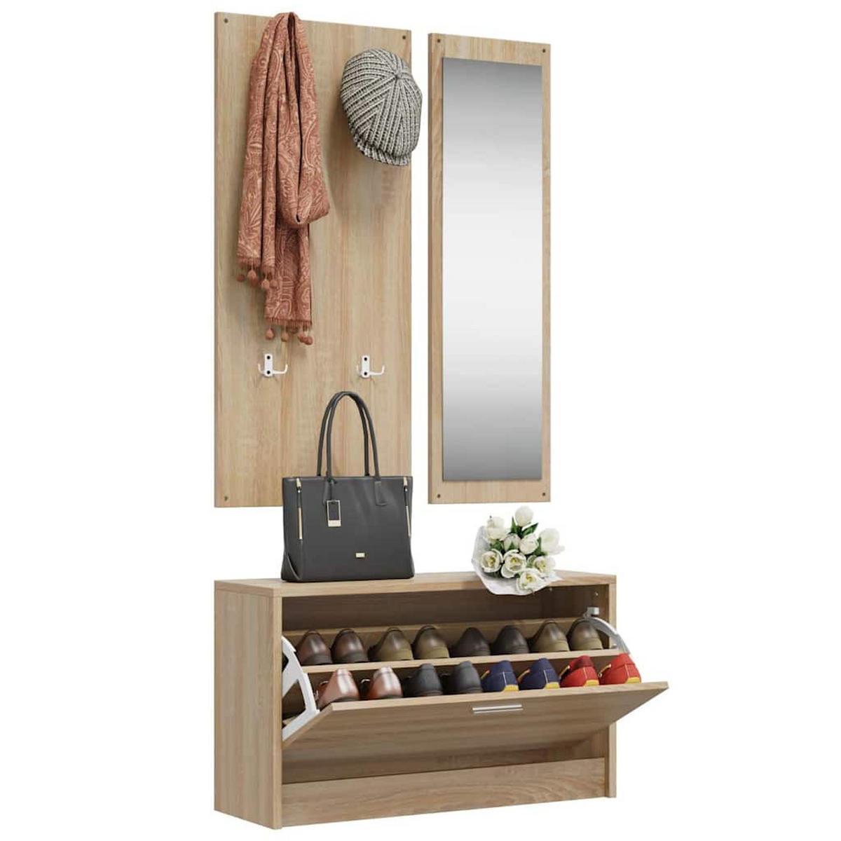 SCHUHSCHRANK-SET 3-In-1 Sonoma-Eiche Holzwerkstoff - Braun, Holzwerkstoff (27/46.5/80cm) - vidaXL