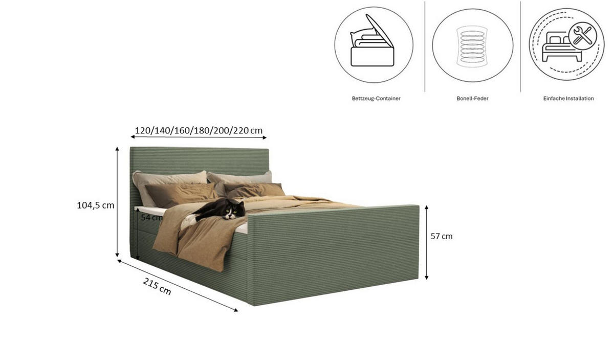 BOXBETT Mit Bettkasten Und Topper VIESTA Stoff Poso Hellgrün 200x200 cm H2-Pocket - Hellgrün, Holz/Kunststoff (200/200cm) - Kaiser Möbel