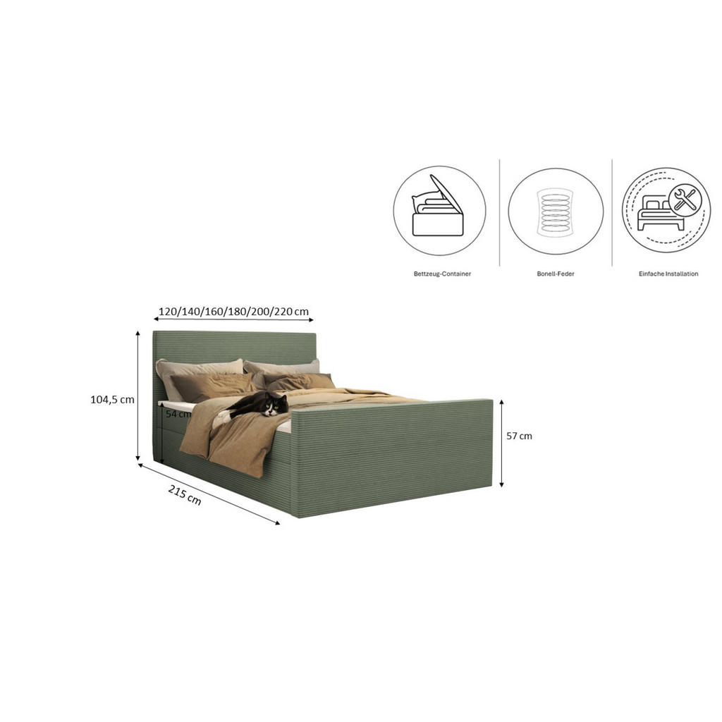 Thumbnail - Kaiser Möbel Boxbett, Hellgrün, Textil, 2-Sitzer, H3, Höhe ca. 2 cm, nicht einzeln stellbar,Rechteckig, 120x200 cm, Schl...