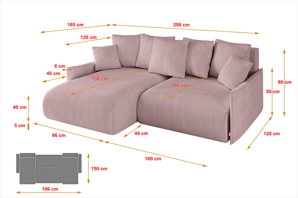 ECKSOFA mit Schlaffunktion und Bettkasten ONESK-L -v1 208x165x40 Rosa Cord - Rosa, Holzwerkstoff/Kunststoff (208/165cm) - ALTDECOR