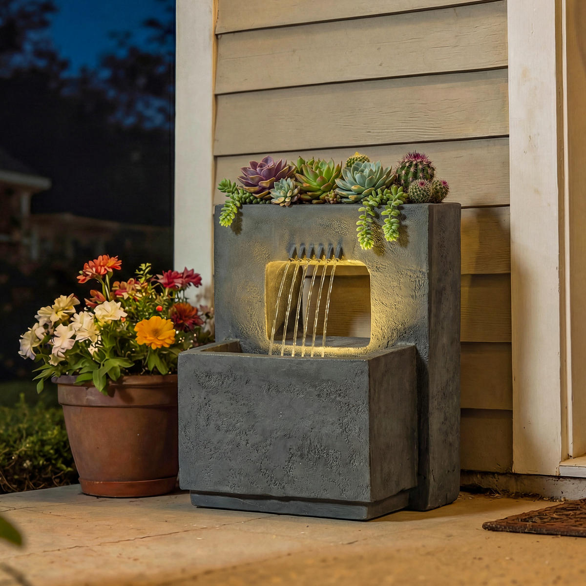 GARTENBRUNNEN DE-10278 2-stufig mit LED und Pflanzkübel Grau - Dunkelgrau, Kunststoff (45/31.5/58.5cm) - ComfortXL