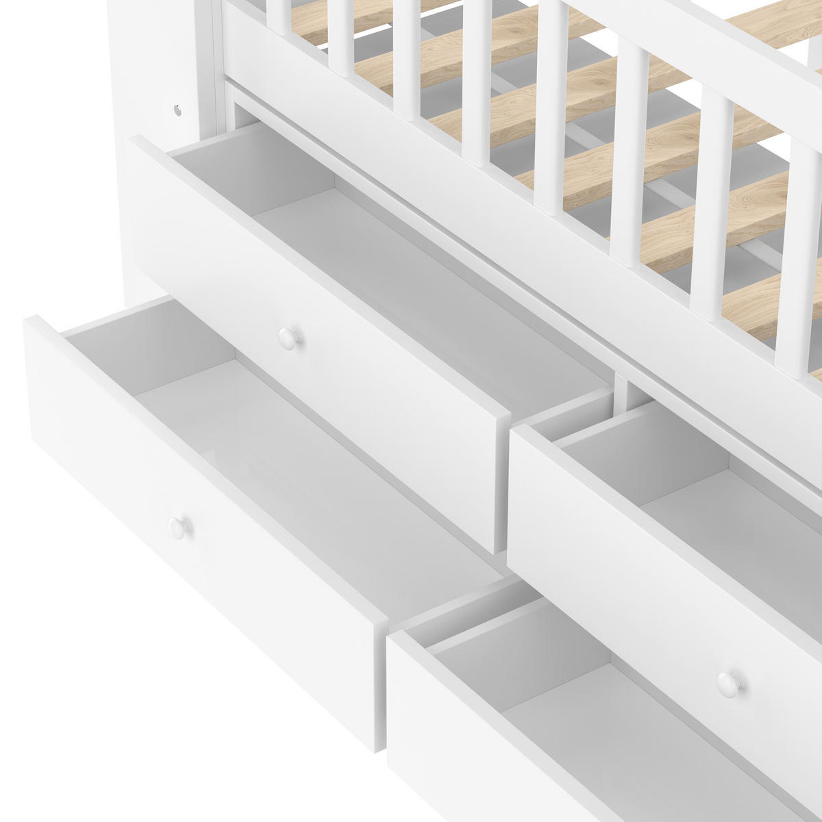 HALBHOHES BETT 90x200cm Weiß Hausform 4 Schubladen LED-Lichtleiste - Weiß, Holz (90/200cm) - FLIEKS