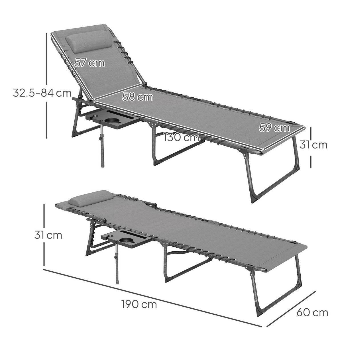 SONNENLIEGE Klappbare und verstellbare 5-stufige mit Beistelltisch und Tasche Grau und Schwarz 60 x 190 x 31 cm - Grau, Metall (60/31/190cm) - Vallsero