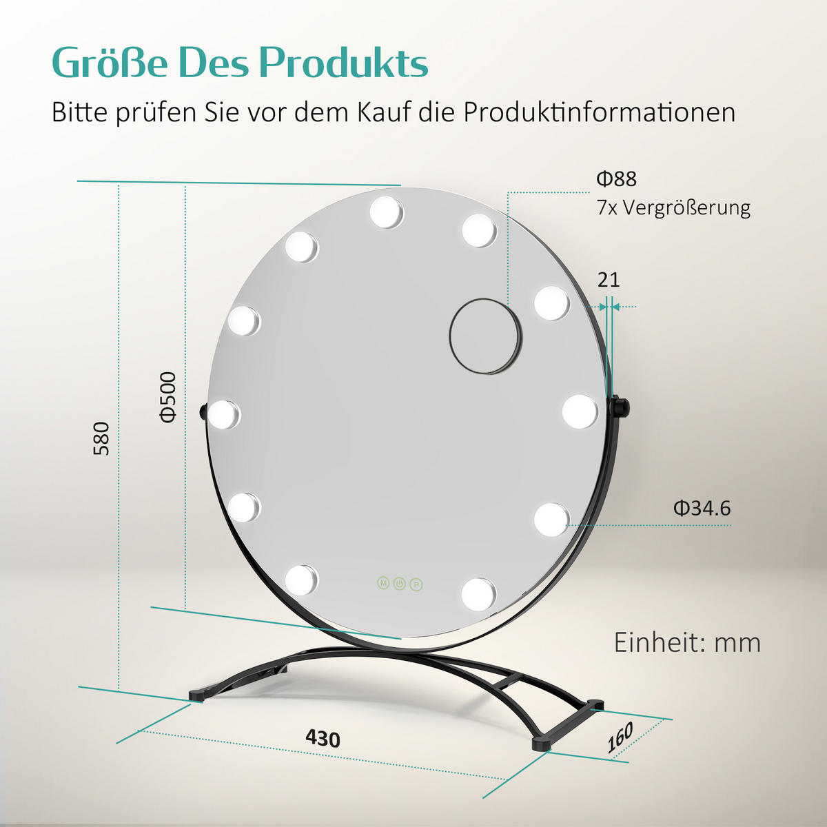 KOSMETIKSPIEGEL Rund mit Beleuchtung, Schwarz, Ø50 cm - Schwarz, Glas (50/16/50cm) - EMKE