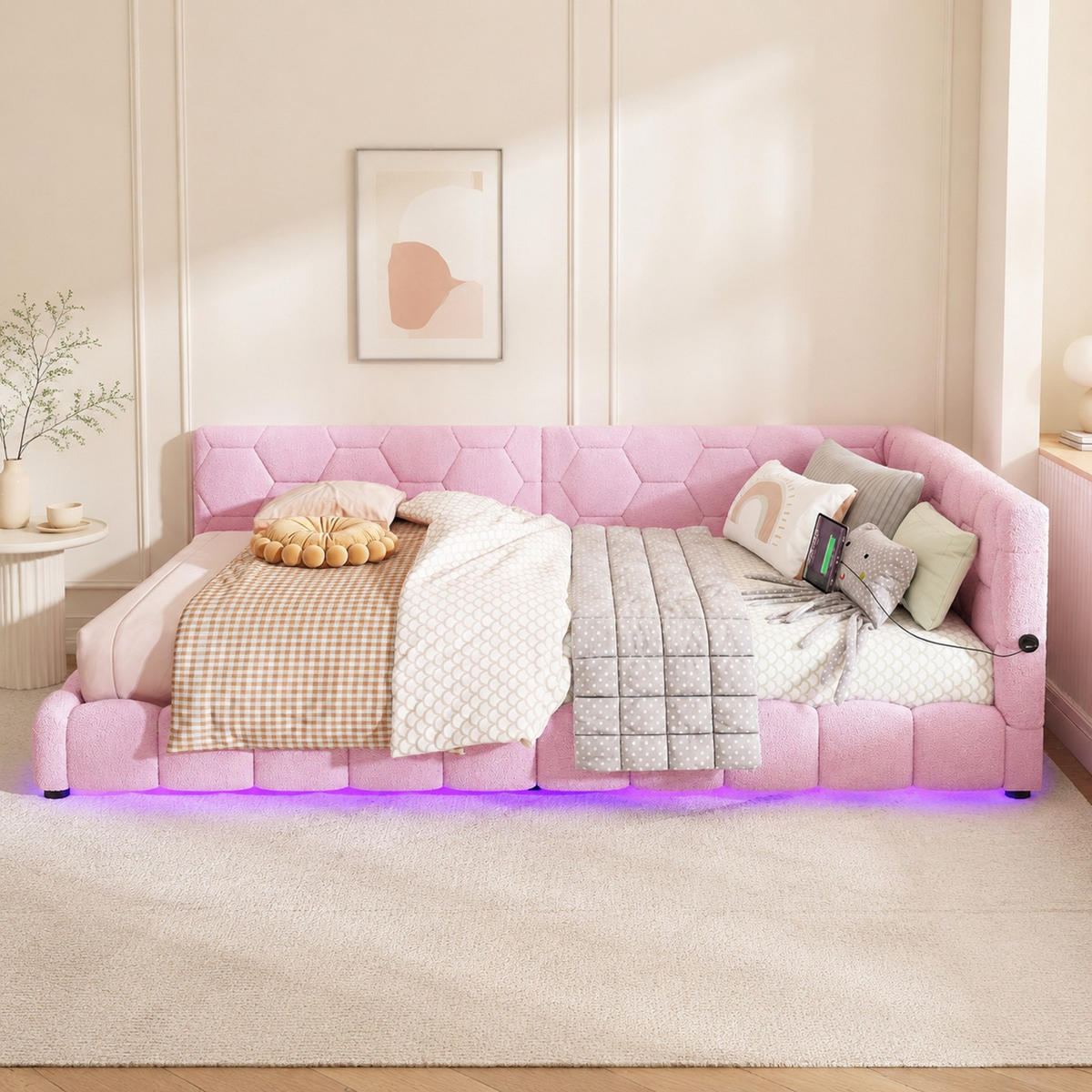 TAGESBETT 140/200 cm in Pink mit LED und USB-Anschluss, ohne Matratze - Pink, Textil (140/200cm) - MIVRAY