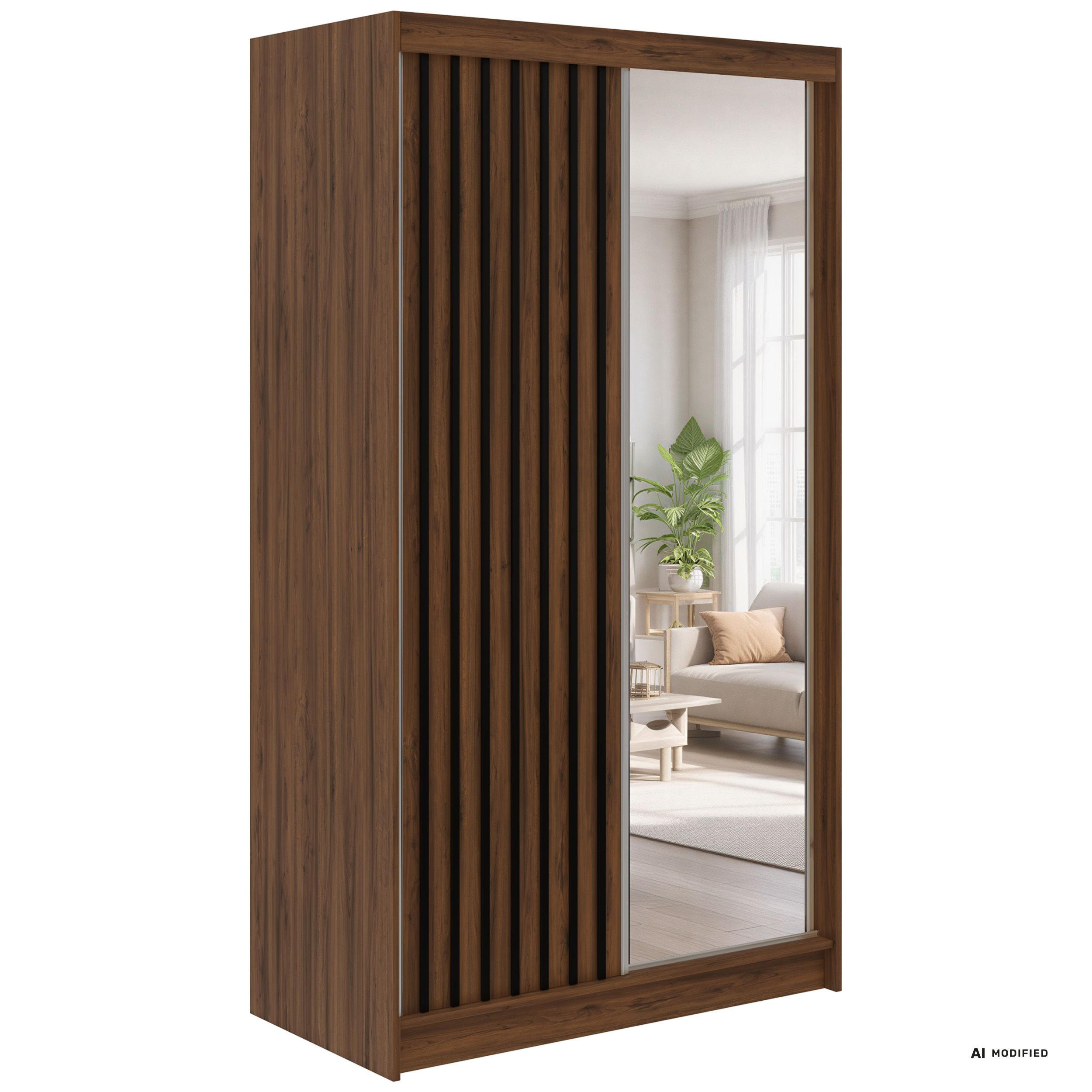 SCHWEBETÜRENSCHRANK mit Spiegel LAOS - 120 - Warmia Walnuss - Schwarz Lamellen - Walnussfarben/Alufarben, Holzwerkstoff/Metall (120/216/61cm) - MKS