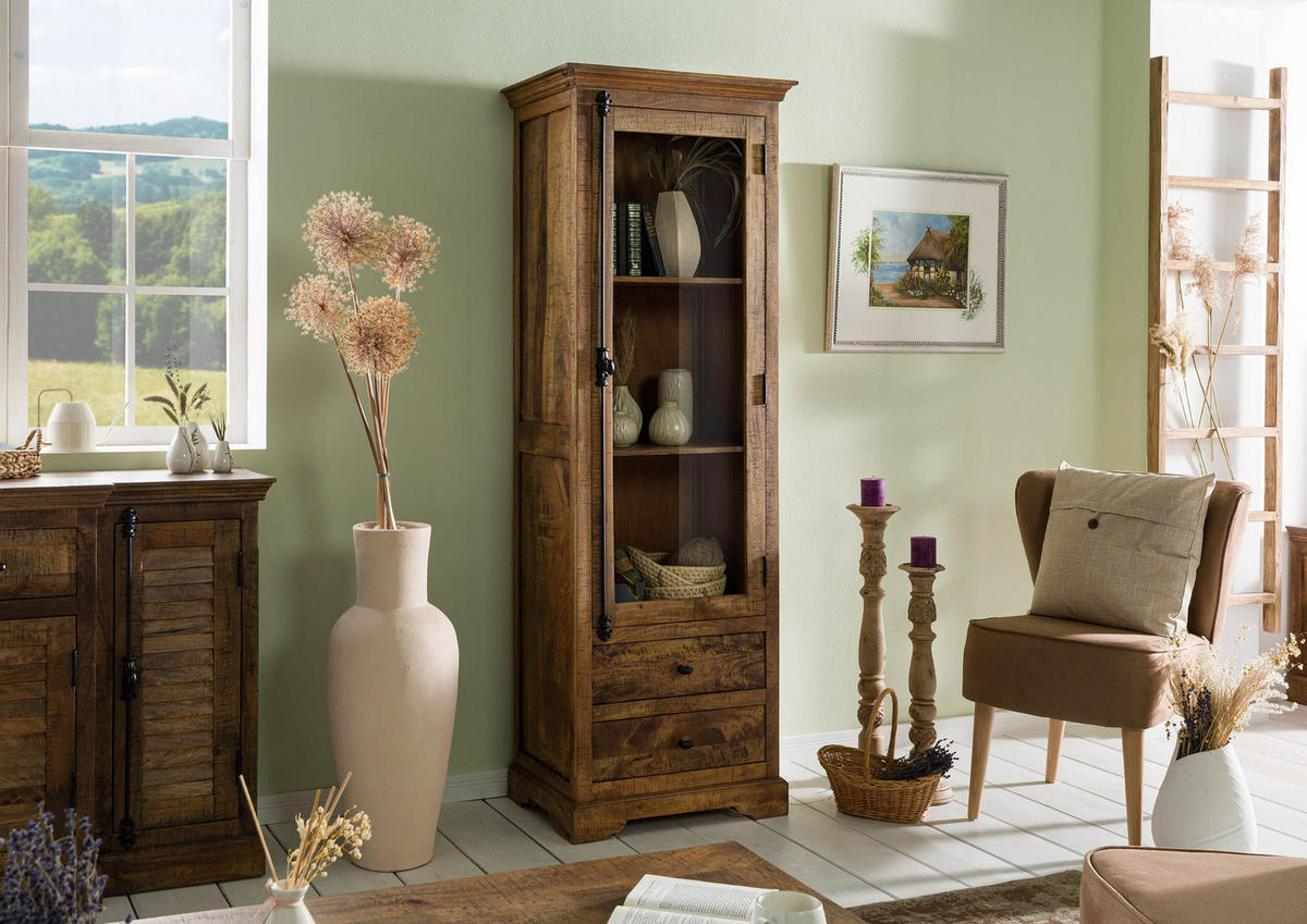 VITRINE Mango 65x45x190 dunkelbraun geölt RODEZ #151 - Dunkelbraun, Holz (65/190/45cm) - Massivmoebel24