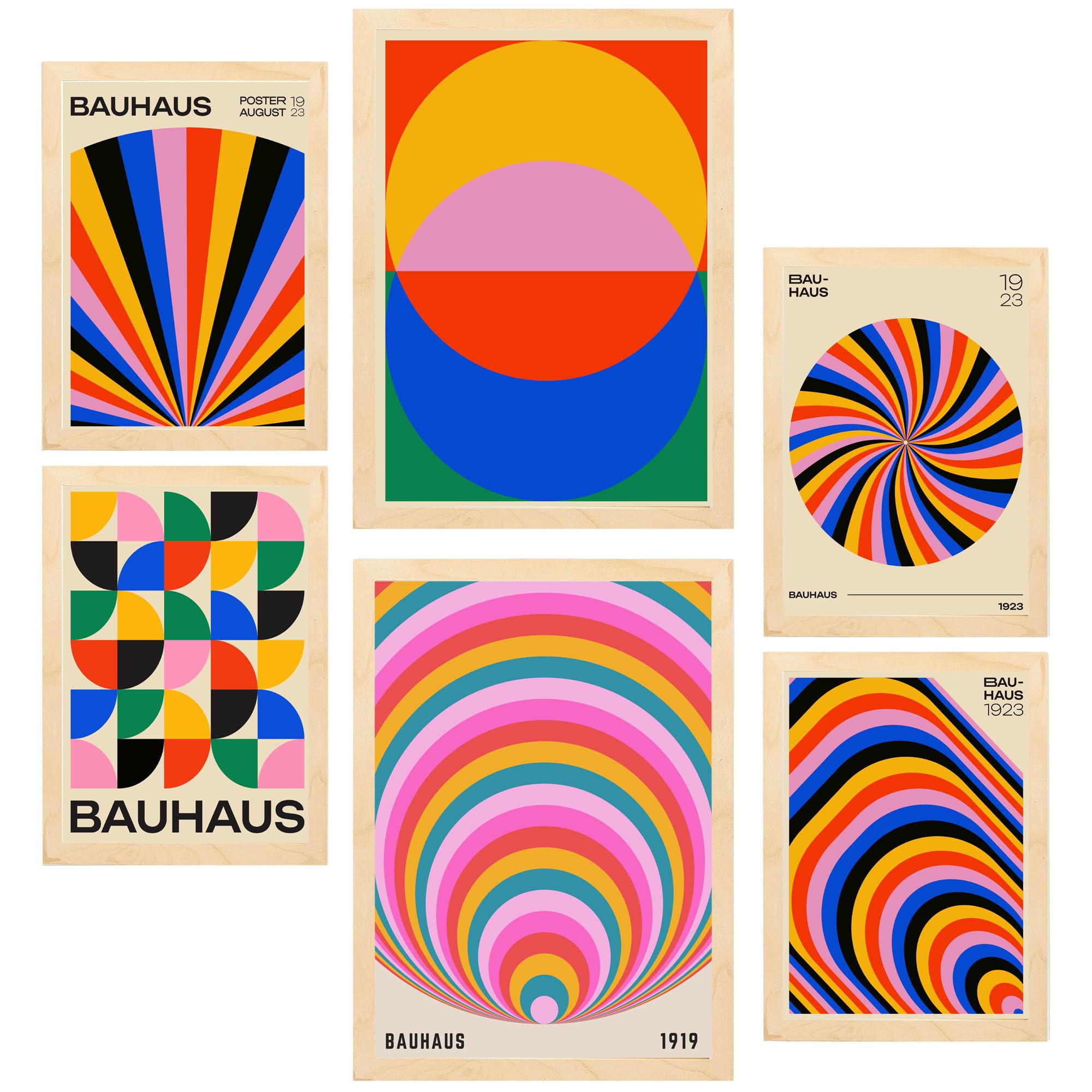 POSTER Set Mit 6 Geometrische Bauhaus Farben In Leuchtenden Farben A3 & A4 Rahmen Aus Hellem Holz - Beige, Papier (29/3cm) - Nacnic