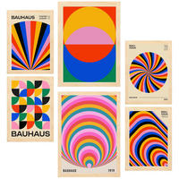 POSTER Set Mit 6 Geometrische Bauhaus Farben In Leuchtenden Farben A3 & A4 Rahmen Aus Hellem Holz - Beige, Papier (29/3cm) - Nacnic