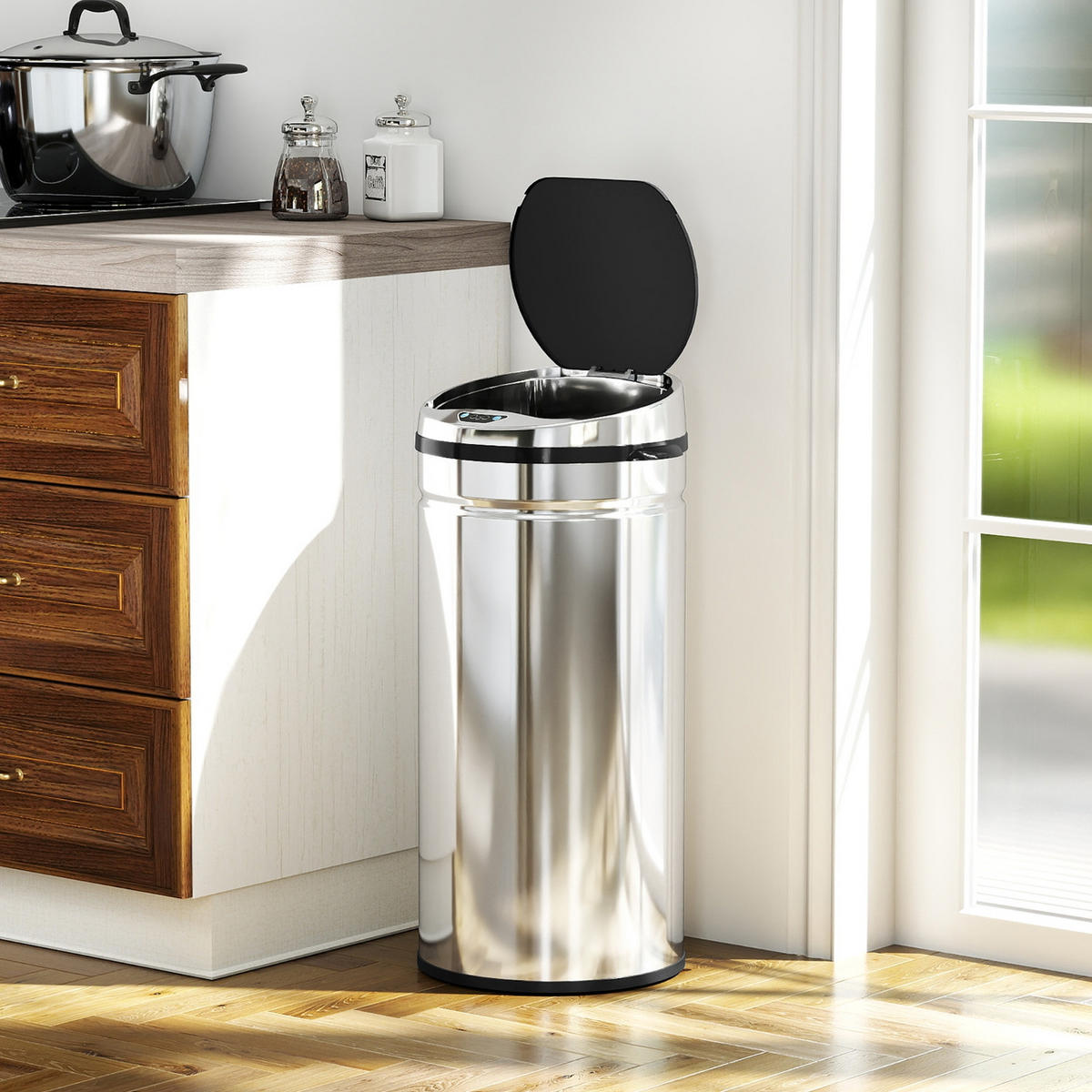 MÜLLEIMER 42L Automatischer Abfalleimer aus Metall Silber 30,5/68/30,5 cm - Silberfarben, Metall (30.5/68/30.5cm) - Rolipo