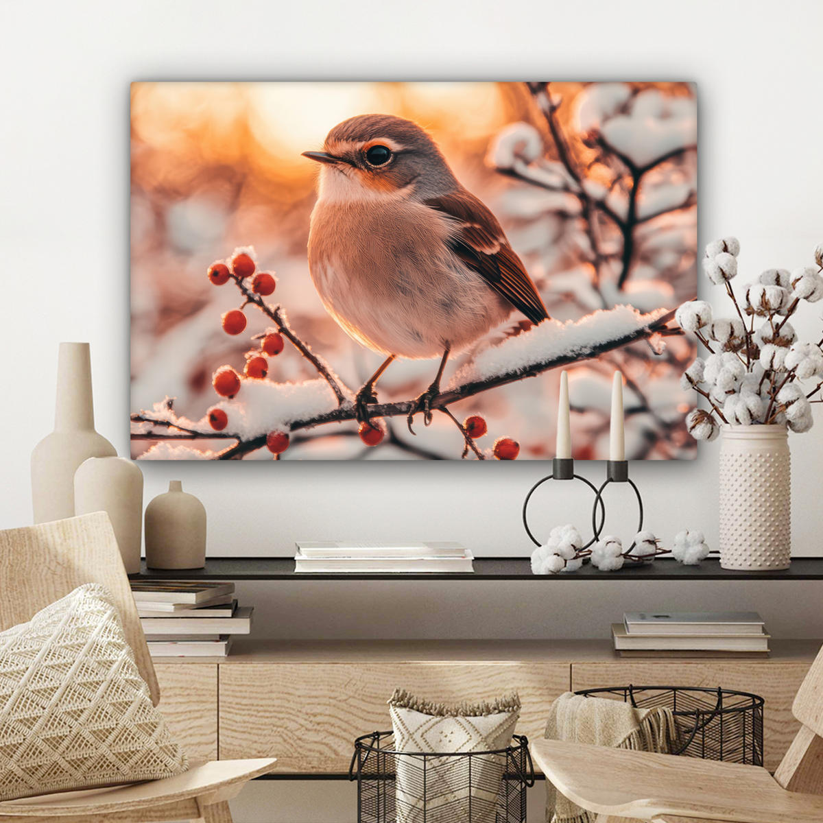 LEINWANDBILD Vogel - Zweig - Winter - Tiere - Schnee Wanddeko 90x60 cm - Bernsteinfarben, Textil (90/60cm) - MuchoWow