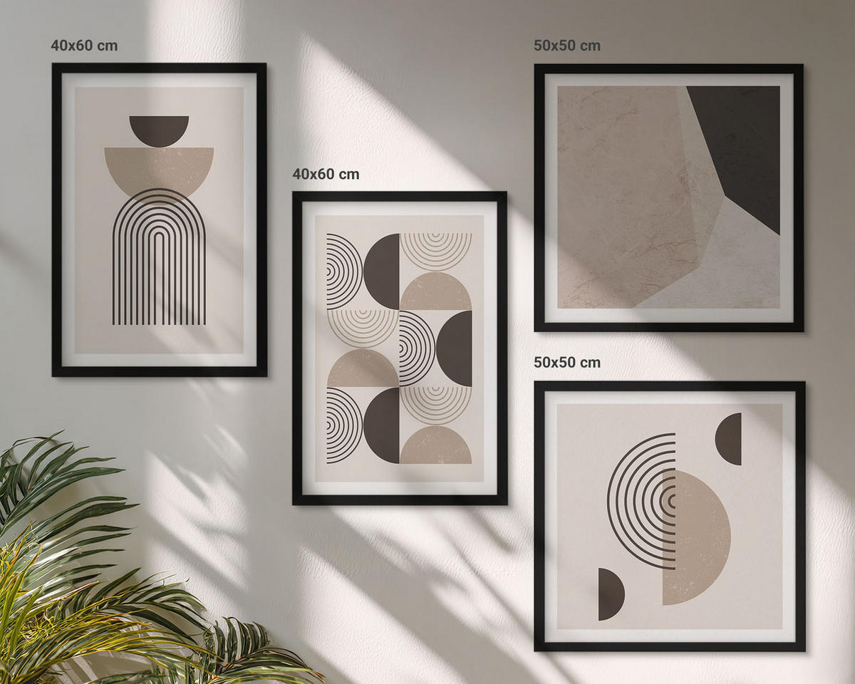 BILDER SET 4er Set - 50x50 cm & 40x60 cm Schwarzer Rahmen - Abstrakte geometrische Muster - Schwarz, Kunststoff (50/50cm) - TULUP