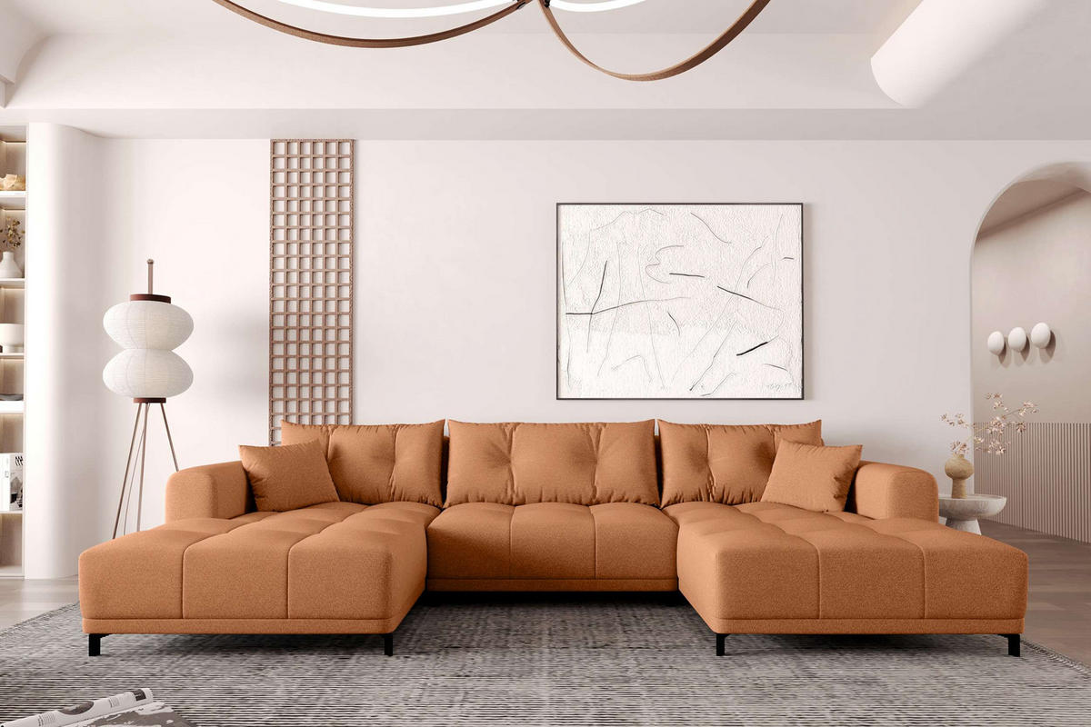 WOHNLANDSCHAFT Strukturstoff Rostfarben inkl. Schlaffunktion - Rostfarben/Schwarz, Textil/Metall (348/94/181cm) - 99rooms