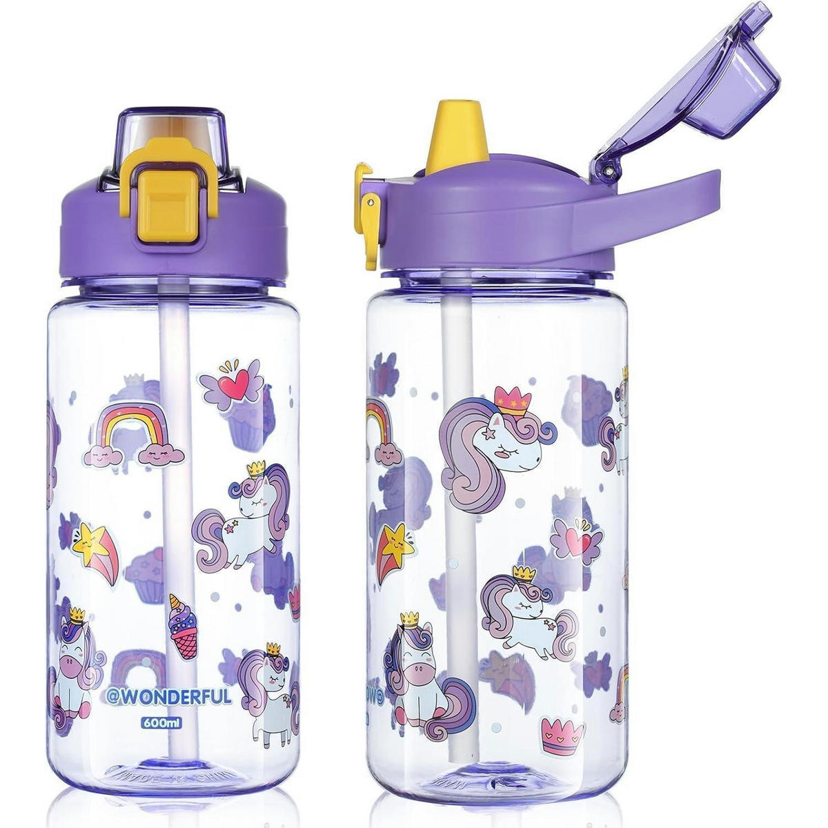 TRINKFLASCHE Kinder 600 ml mit Strohhalm Lila Einhorn - Lila, Kunststoff (10.8/10.8cm)
