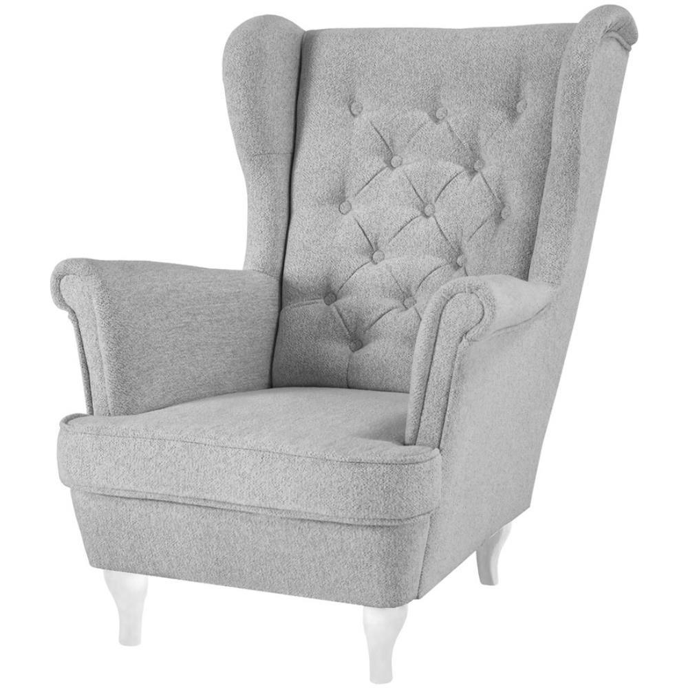 CHESTERFIELD-SESSEL Falco hellgrau mit Weiß Holzbeinen - Hellgrau/Weiß, Holz/Textil (82/102/92cm) - Beautysofa