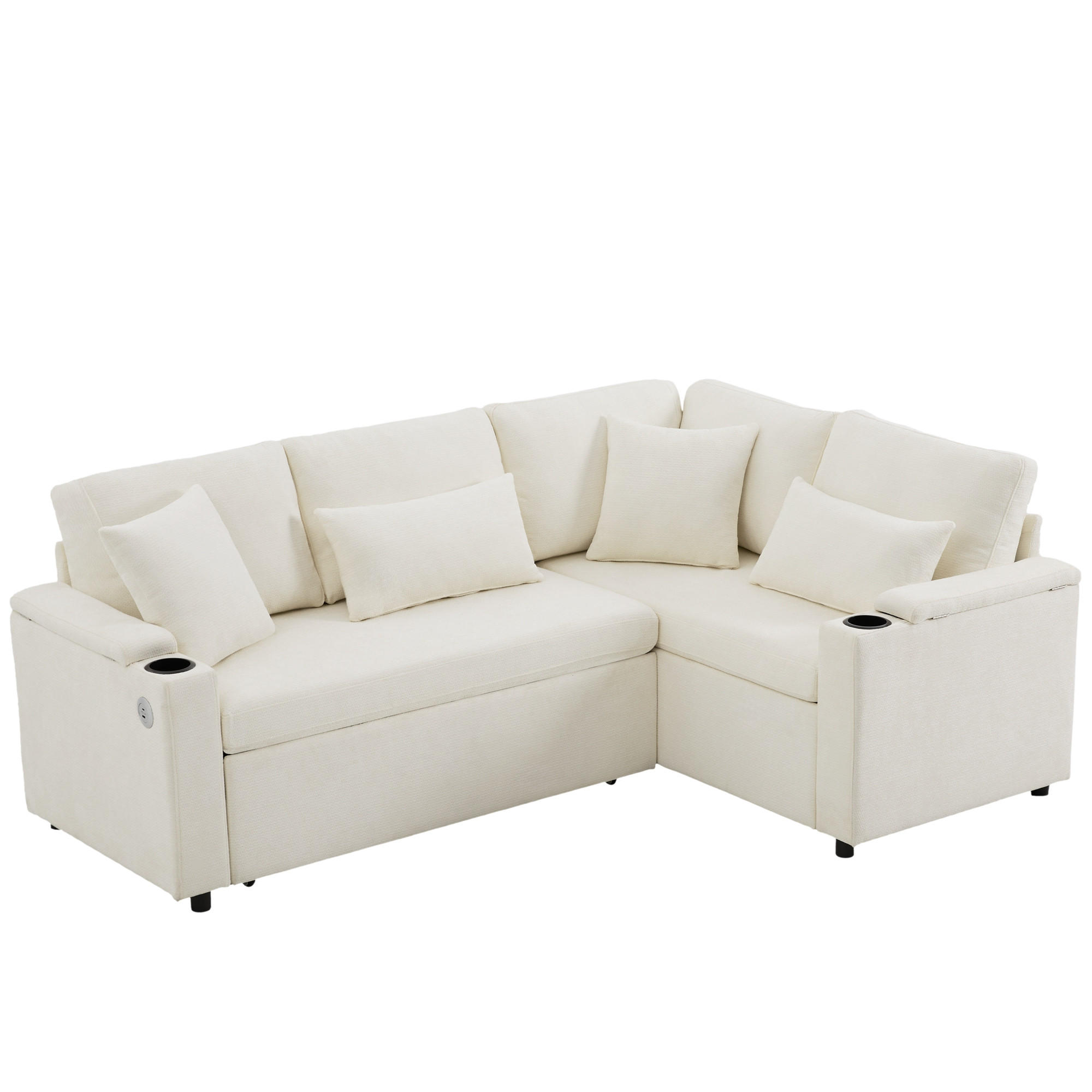ECKSCHLAFSOFA Chenille Beige mit Stauraum, USB und Kissen - Beige, Holzwerkstoff/Kunststoff (206.5/141cm) - WISHDOR