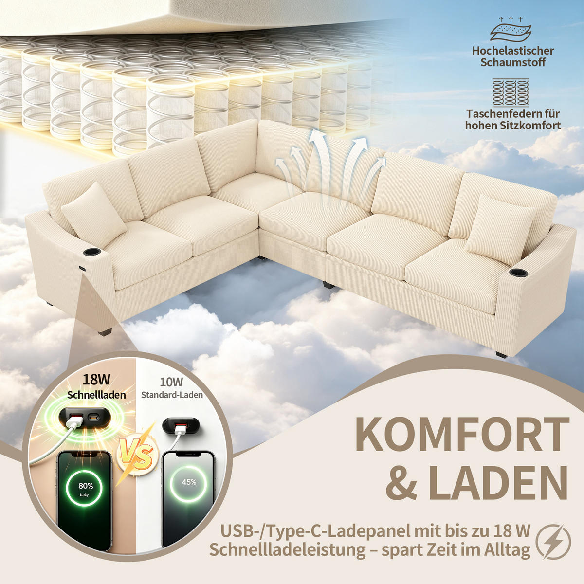 ECKSOFA 277/215/85 cm Beige mit USB/Type-C-Schnellladeanschluss und 2 Getränkehaltern - Beige, Textil (277/215cm) - Oxeza