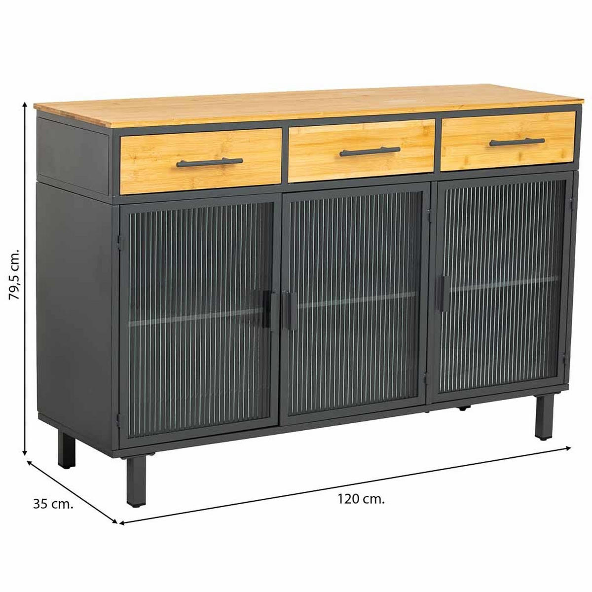 SCHRANK aus Glas und Holz mit 3 Schubladen, Schwarz, 120x35x80h cm - Schwarz, Holz (120/79/35cm) - Wanderlust
