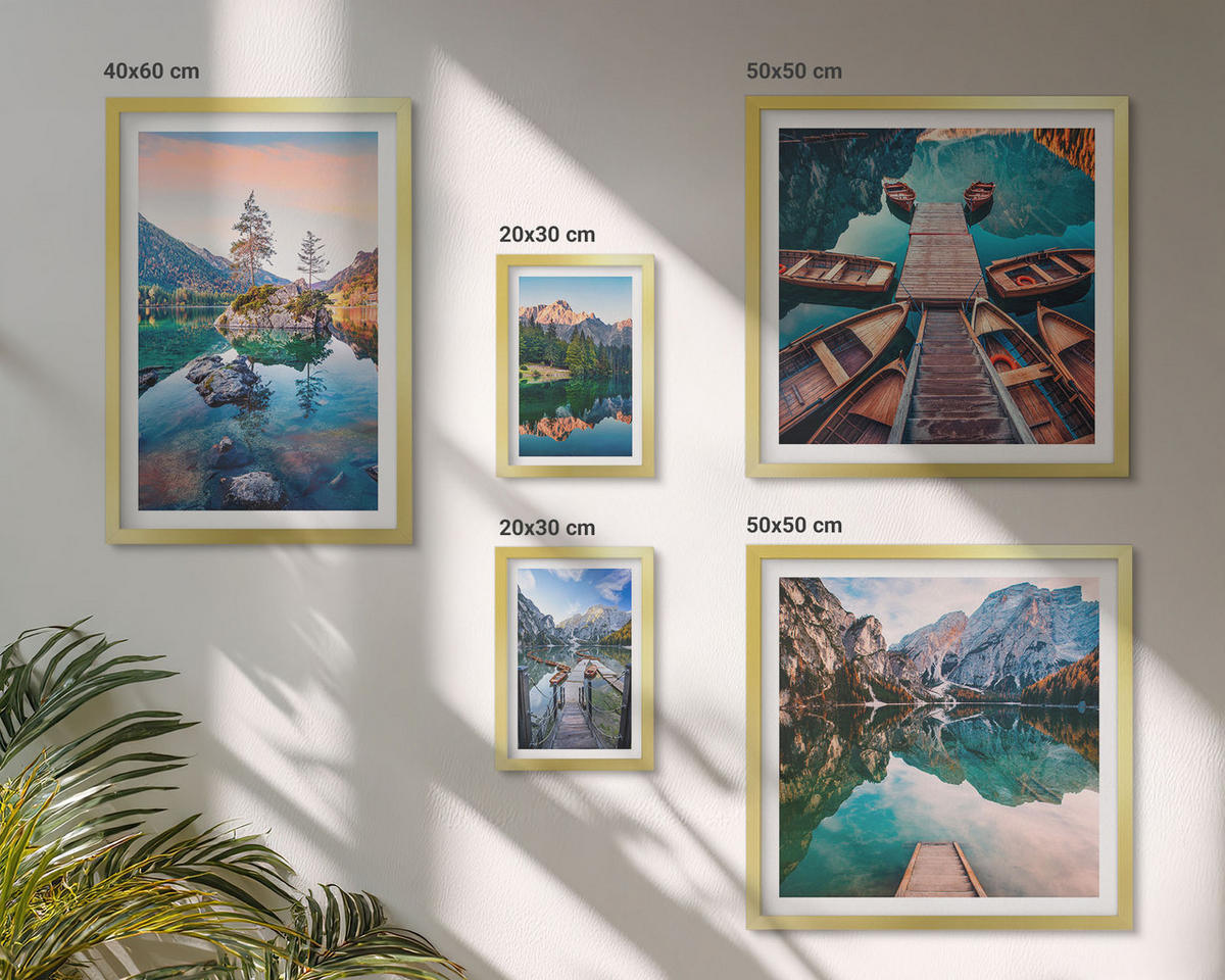 BILDER SET 5er Set - 50x50 cm & 20x30 cm & 40x60 cm Goldrahmen - Pfad Wald Wasserfall Vegetation - Goldfarben, Kunststoff (40/60cm) - TULUP