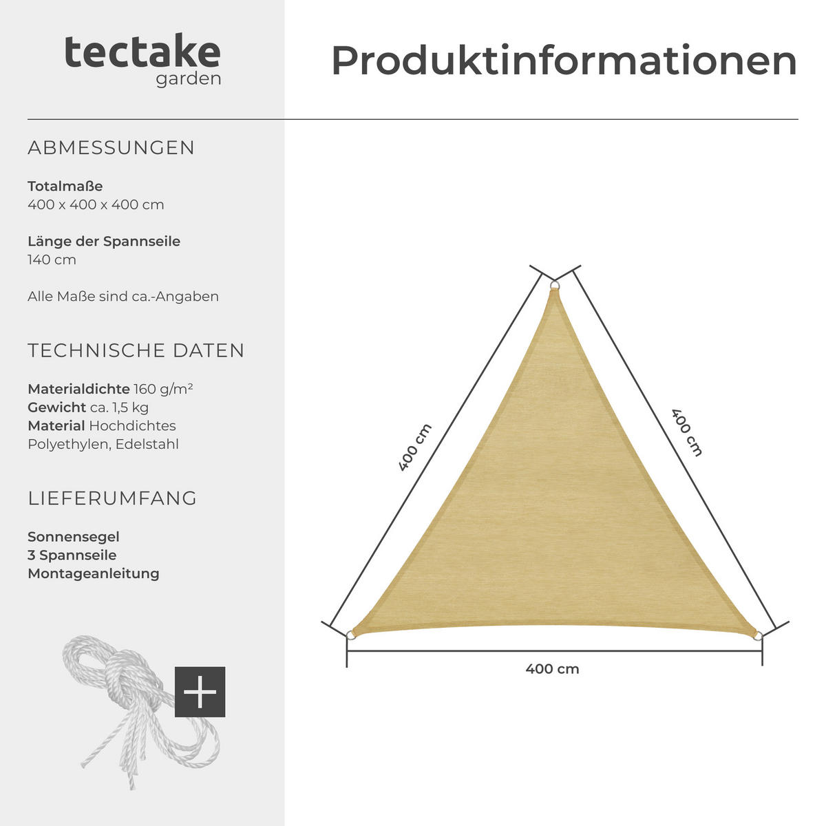 SONNENSEGEL ,inklusive Spannseile,beige - Beige, Kunststoff (400/400cm) - tectake