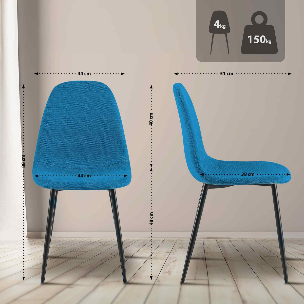STUHL 4er Set Stoff Blau - Blau/Schwarz, Textil/Metall (44/88/51cm) - CLP