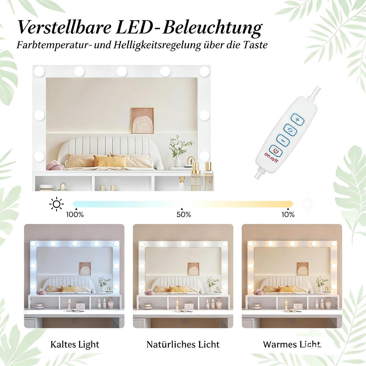 SCHMINKTISCH,MIT Rechteckigem LED Spiegel,134.5*80*40cm - Weiß, Holzwerkstoff (90/134.5/40cm) - Vallsero