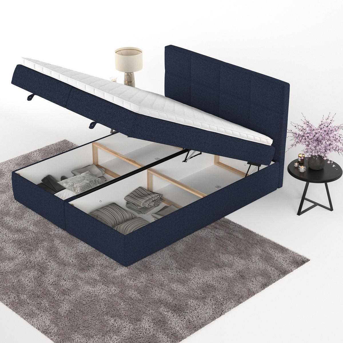 BOXBETT Velto 160/200 cm Marineblau im Riva Stoff - Schwarz/Dunkelblau, Holz/Holzwerkstoff (160/200cm) - AltaBeds