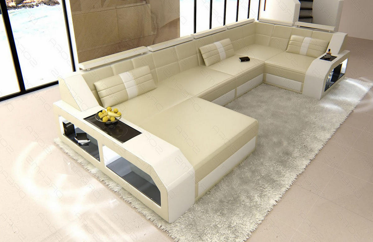 WOHNLANDSCHAFT Arezzo U - Beige/Weiß, Leder (380/86/197cm) - Sofa Dreams