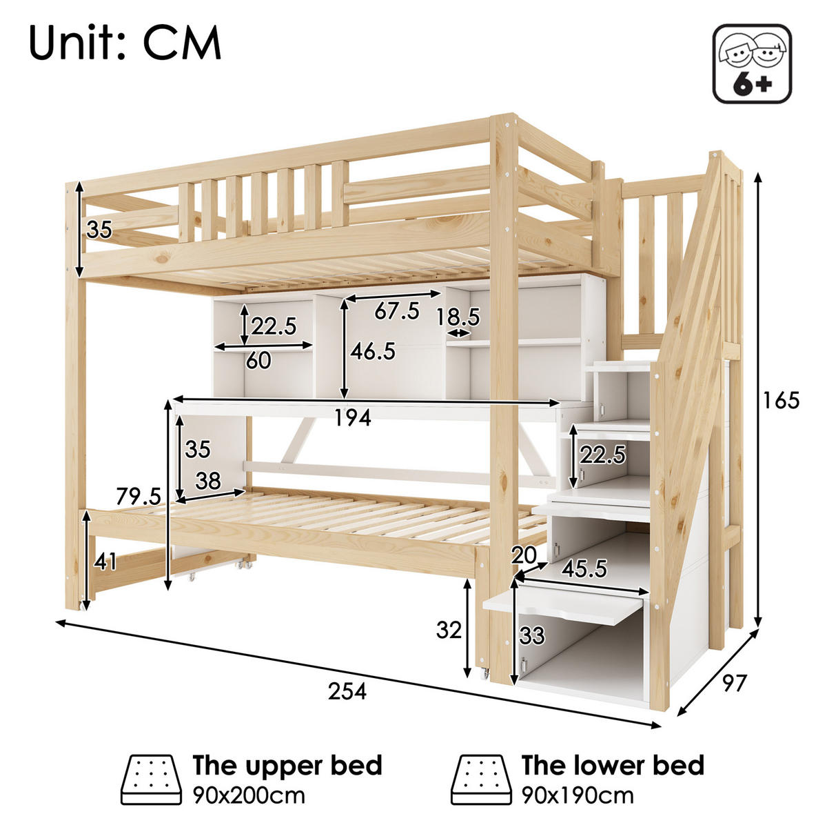 ETAGENBETT aus Kiefernholz 90x200 cm Weiß & Eiche mit Schreibtisch, Ausziehbett, Stauraum und Leiter - Eichefarben, Holz (90/200cm) - Modfu