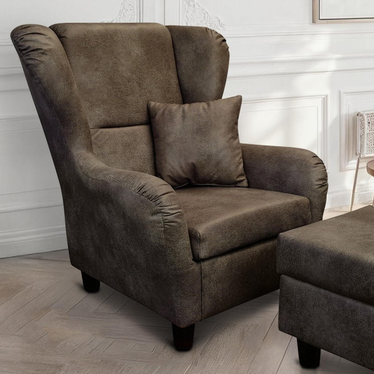 OHRENSESSEL mit HOCKER, hoher Sitzkomfort durch Wellenunterfederung B90/H98/T76 cm, Mikrofaser Leder-Optik Vintage Braun / 18005 - Schwarz/Braun, Holz/Textil (90/98/76cm) - luma-home