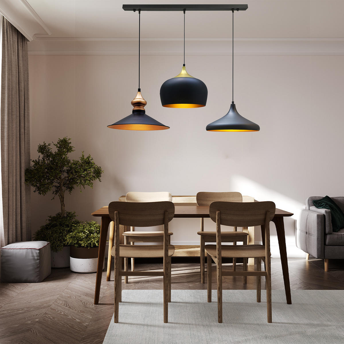 PENDELLEUCHTE Flammige Vintage Lampe x3 - Schwarz, Metall (120/120/140cm) - Bamyum