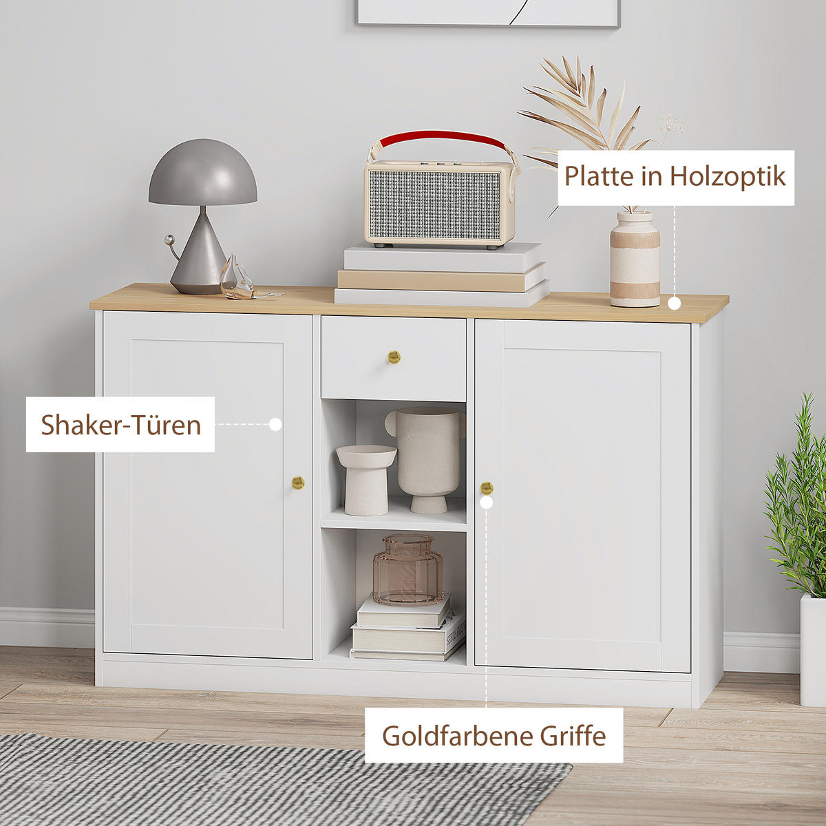 SIDEBOARD Aufbewahrungsschrank mit Schublade, 2 Türen, 2 Offenen Ablagen Weiß - Weiß, Holzwerkstoff (35/75.2/120cm) - HOMCOM