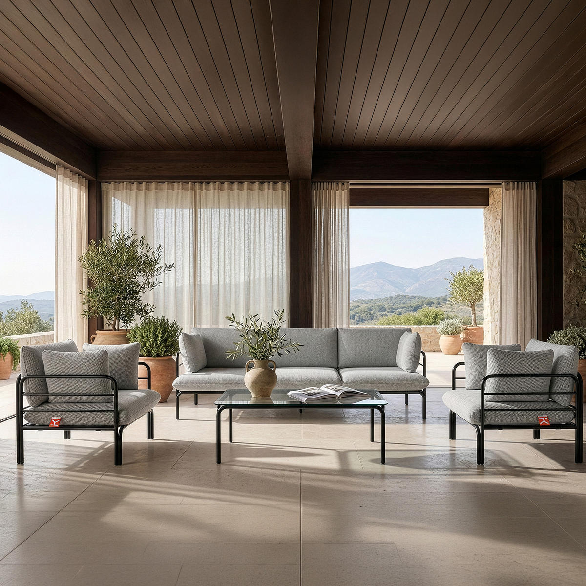 GARTENMÖBELSET RAMBE 4-tlg. 1x Tisch 2x Sessel 1x Sofa 3-Sitzer, mit Auflage, Stahlrahmen, LOFT-STIL, Anthrazit - Dunkelgrau/Anthrazit, Glas/Textil - KONSIMO®
